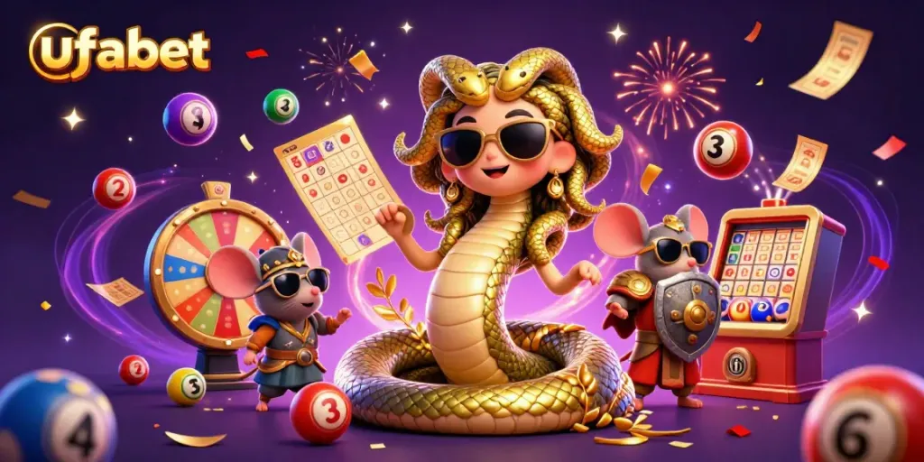 ภาพวาด 3D ของ ufabet กับเมดูซ่าที่น่ารักและหนูนักรบ ในบรรยากาศคาสิโนที่มีลูกบอลล็อตเตอรี่และการเฉลิมฉลอง
