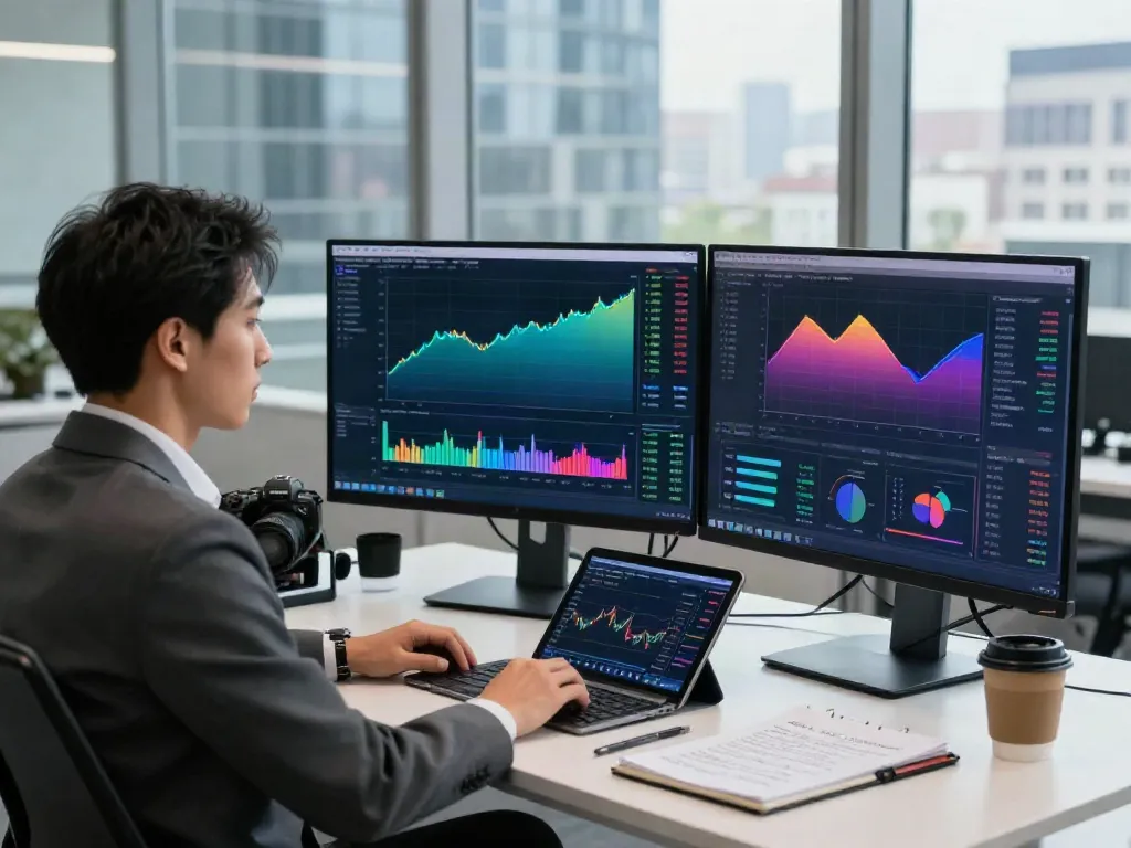 Analyst using FintechZoom.com dashboard in a modern financial workspace, surrounded by multiple monitors showing stock and crypto data.