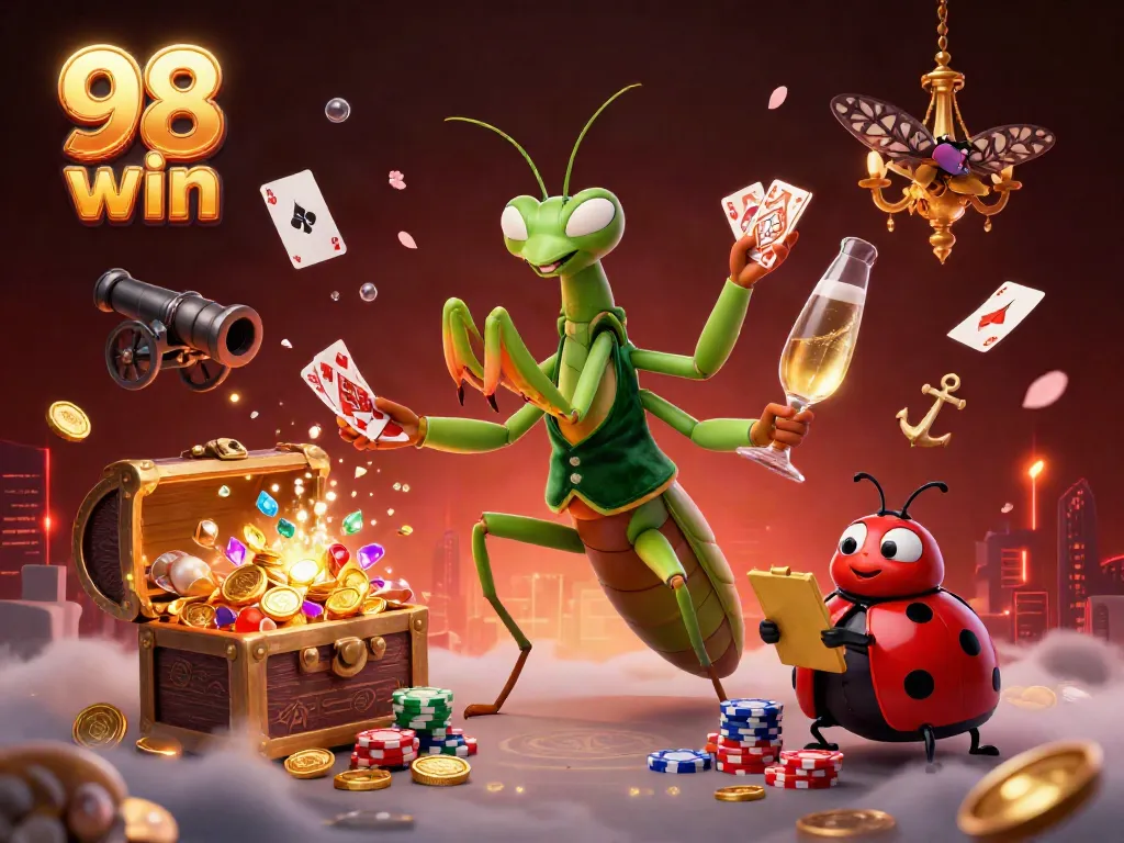 Engage with 98 win's vibrant 3D casino scene with a mantis dealer and ladybug pit boss.