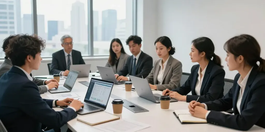 Collaboration scene with a team discussing banorte empresas financial solutions in a modern office.