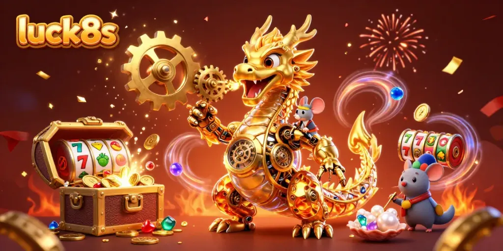 Engage with luck8s as the golden dragon breathes gears and coins in an animated casino setting.