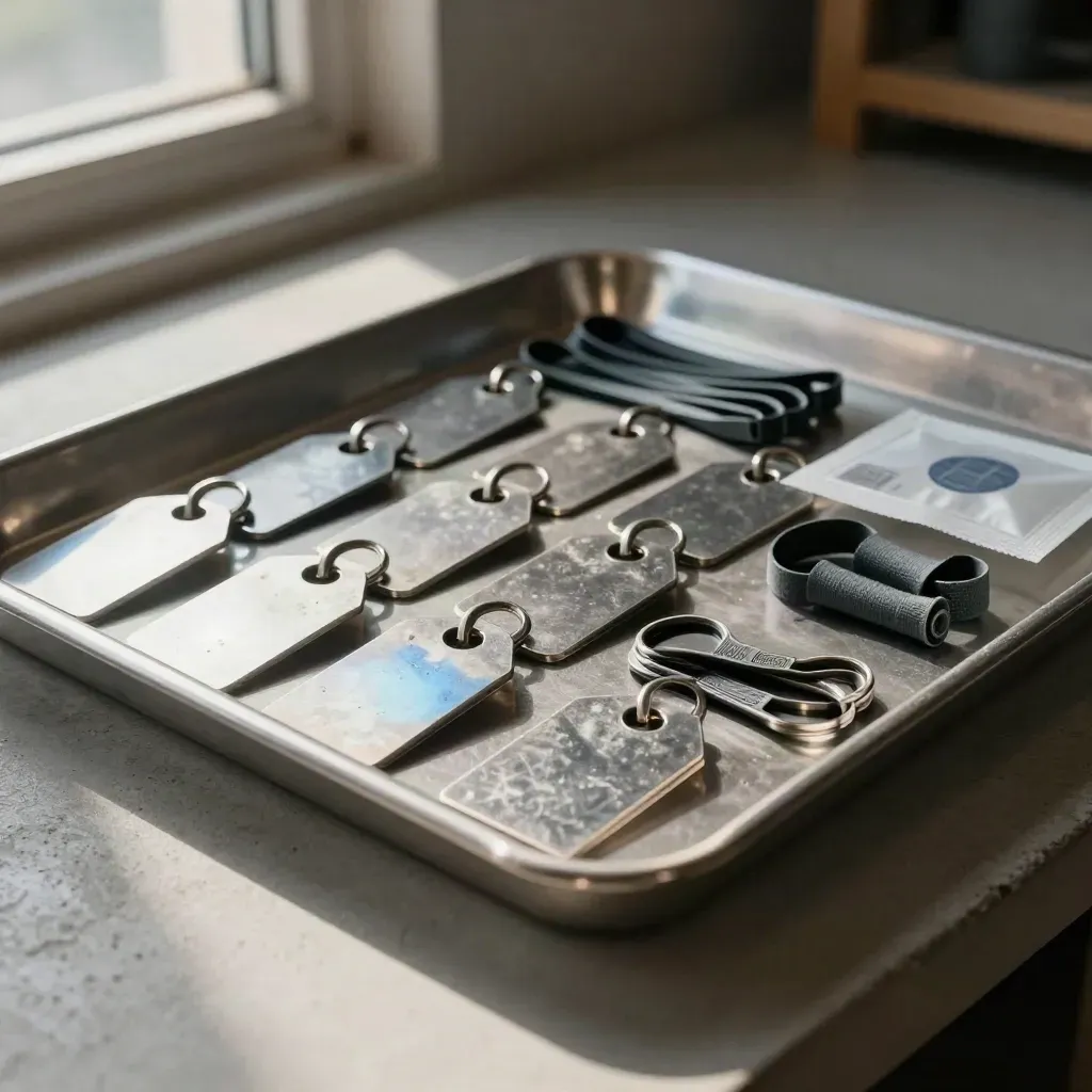 Logistics tray with metal tags, cable ties, and parcel seal on pale concrete