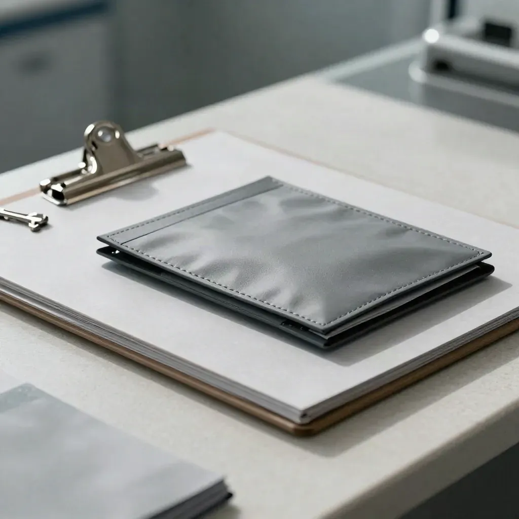 Radiology intake folders, clipboard, clip stack, and pouch on pale stone in moody macro light.
