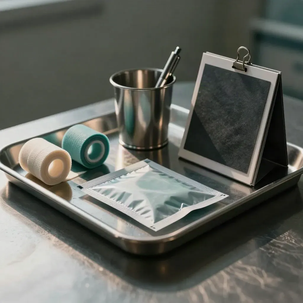 Hospital intake tray with wristband rolls, sealed specimen pouch, steel cup, and chart holder.