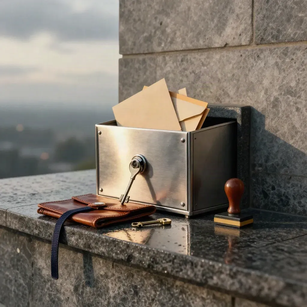 Brushed steel intake lockbox with envelopes, docket sleeve, key and stamp on rain-sheened stone.