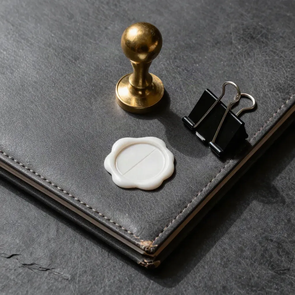 Law evidence folder, brass paperweight, wax seal, and binder clips on dark slate.