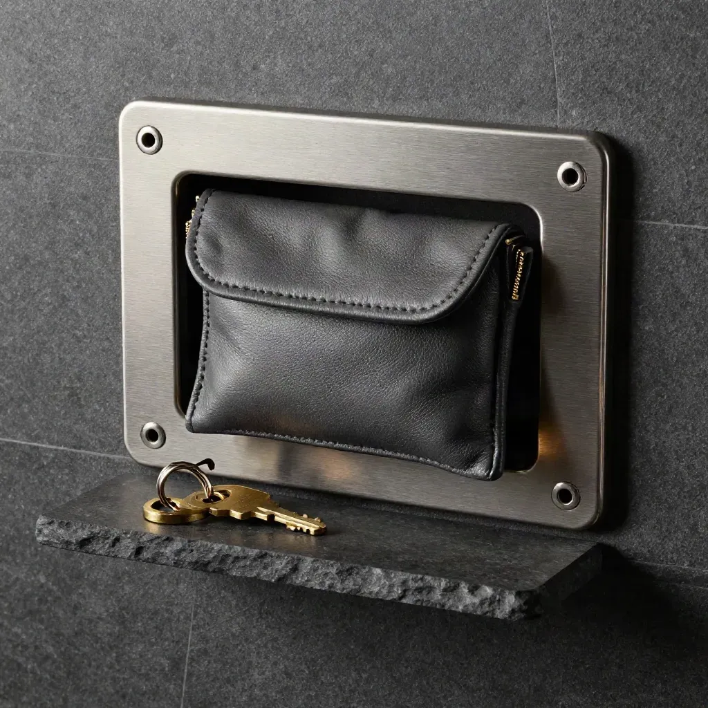 Top-down macro of a lockable wall drop slot, sealed courier pouch, and brass key set on a stone tray.