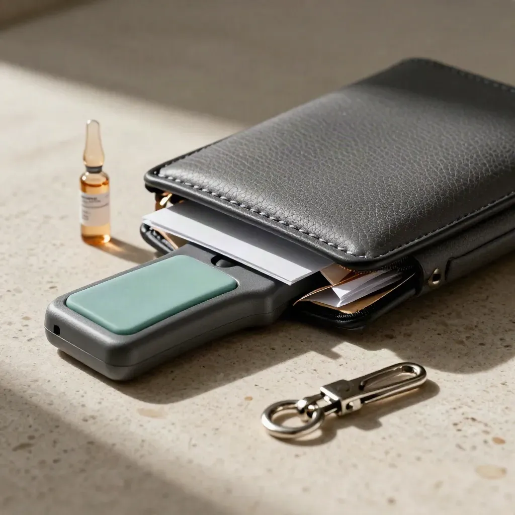 Macro still life of vet pouch, scanner cradle, vial rack and leash clip on travertine