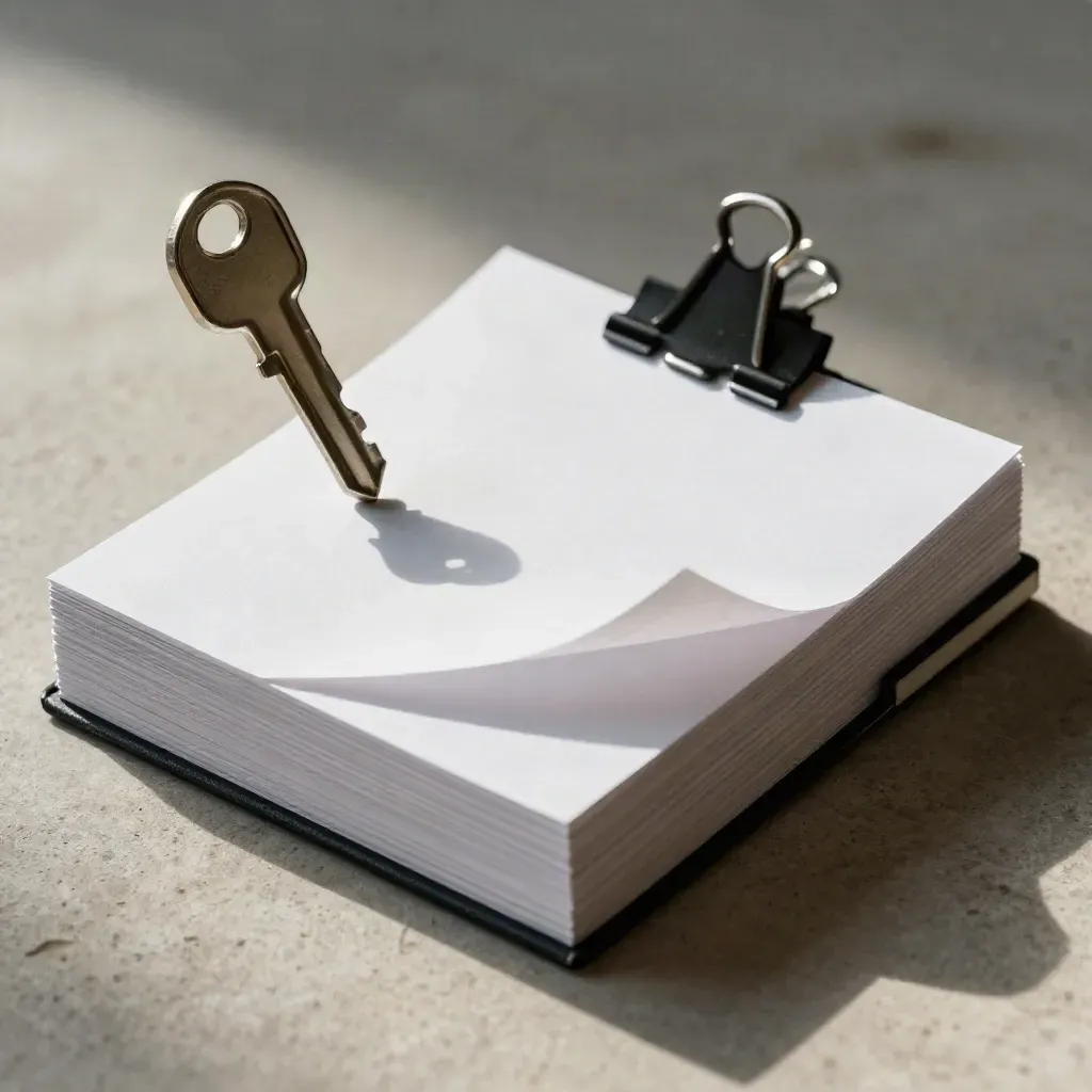 Top-down macro of blank intake cards clipped on stone, with a metal clip and paperweight.