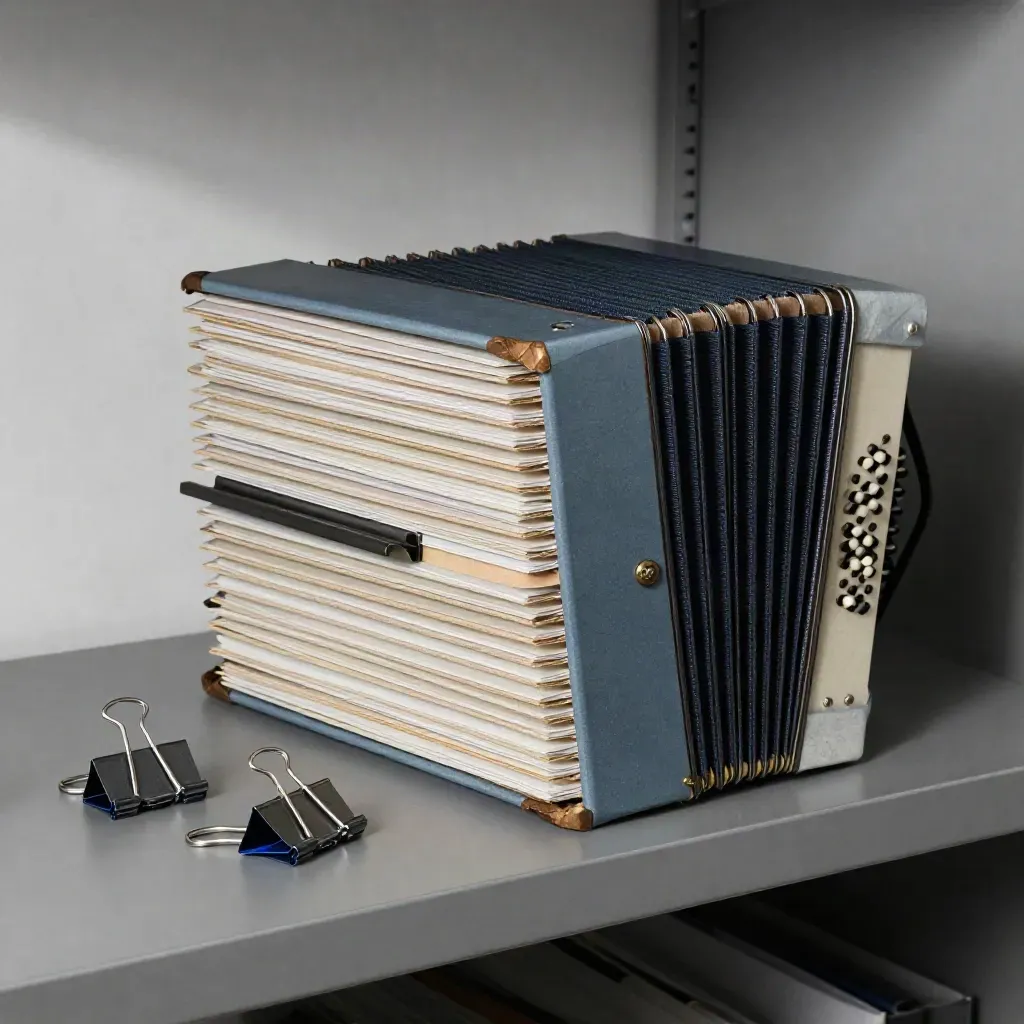 Macro of an accordion file, binder clips, and metal index markers on graphite.