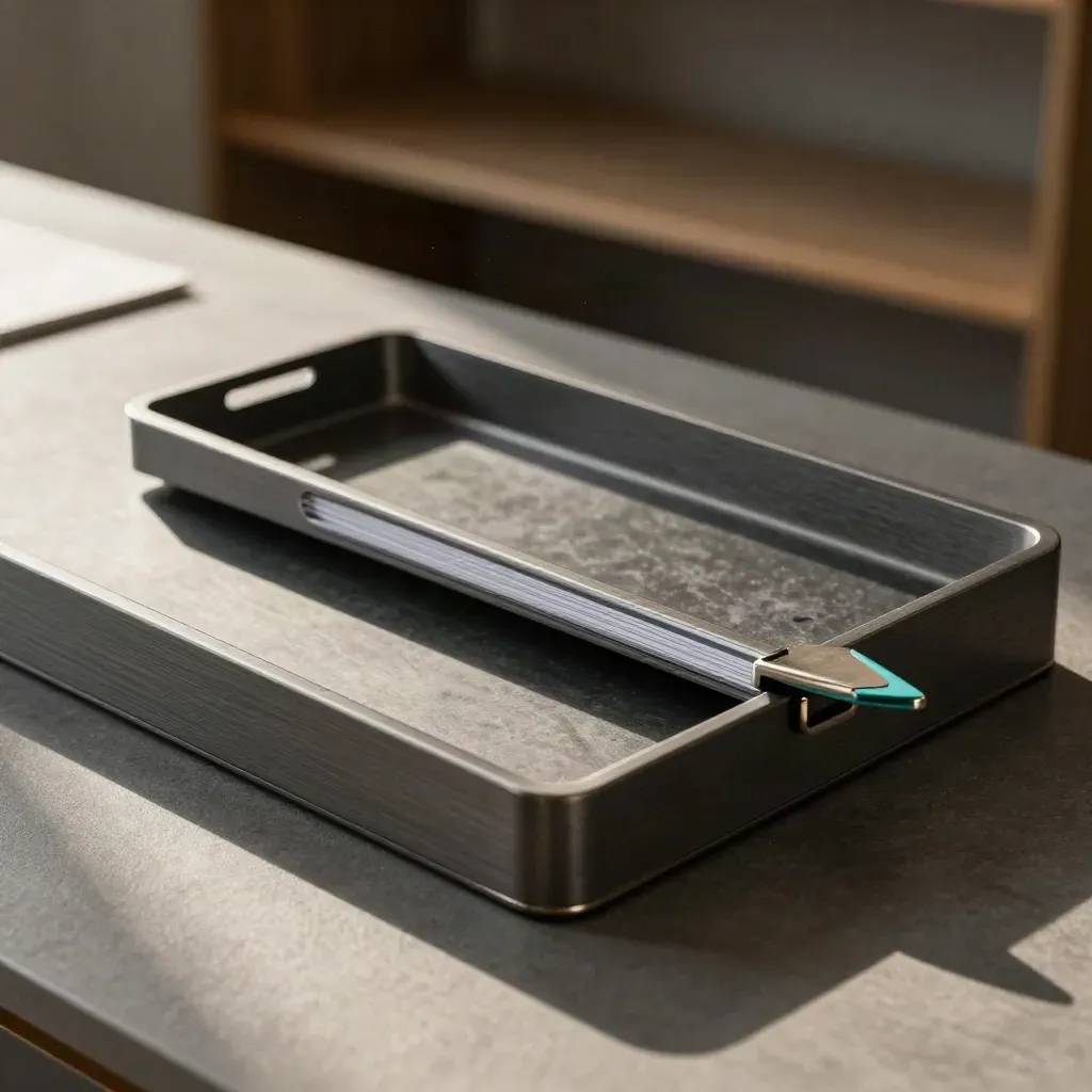 Brushed file trays and a teal arrow clip on graphite, lit in dramatic macro for approval routing.