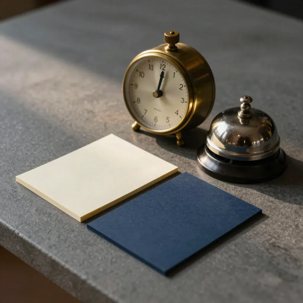 Brass timer, face-down cards and a small bell on dark stone, lit by soft side daylight.