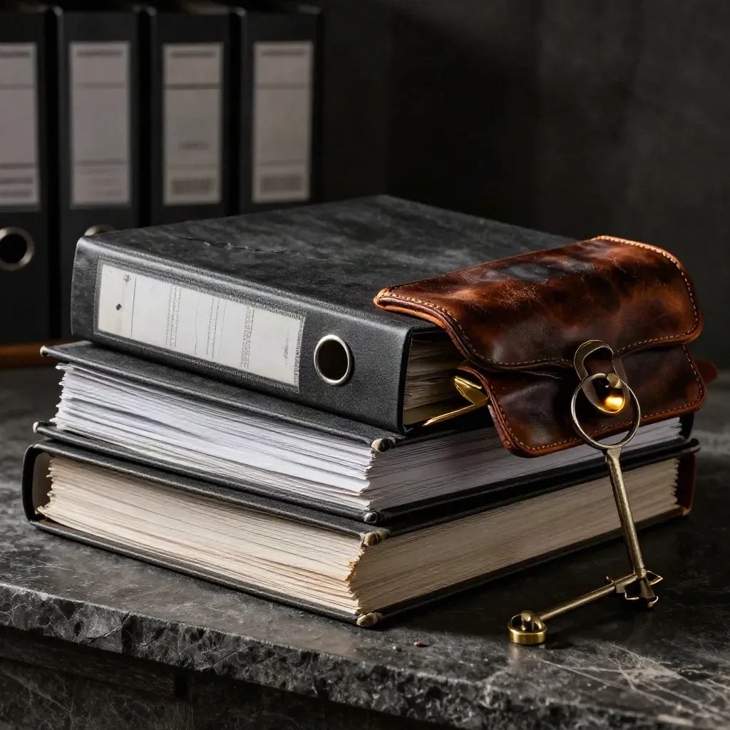 Case binders, brass docket clip, and leather evidence sleeve in dramatic archival light.