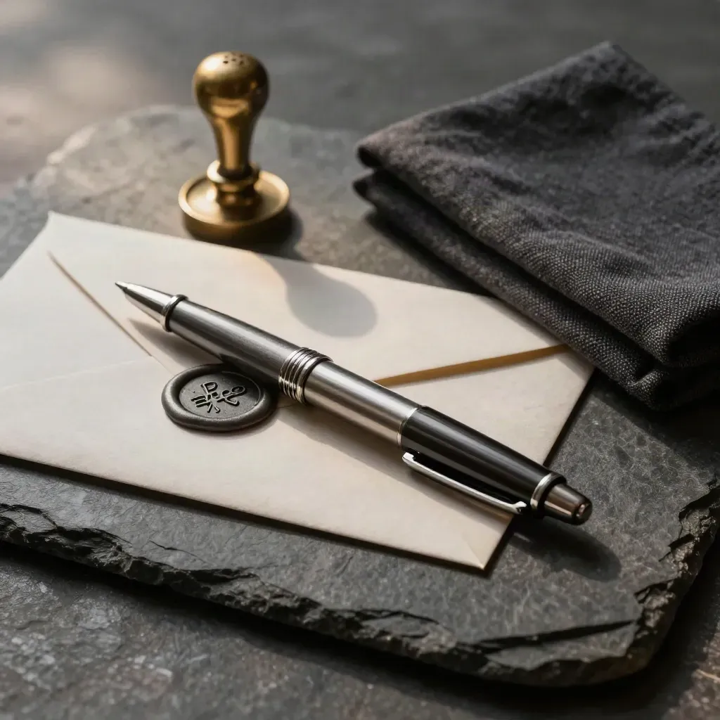 Signing pen beside a sealed courier envelope with a wax seal on dark stone under dramatic light.