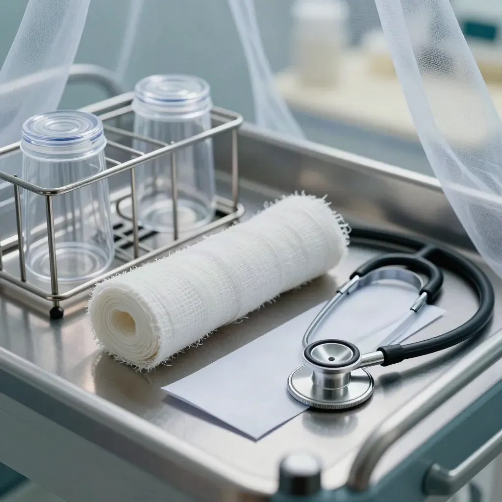 Extreme macro of clinic intake supplies: specimen cups, gauze, intake sleeve and stethoscope.