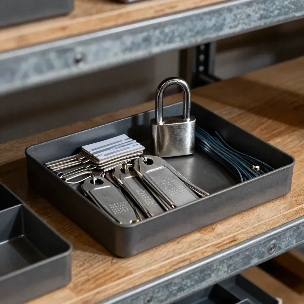 Warehouse parts tray with keyed tags, steel lock, and cable ties on a shelf