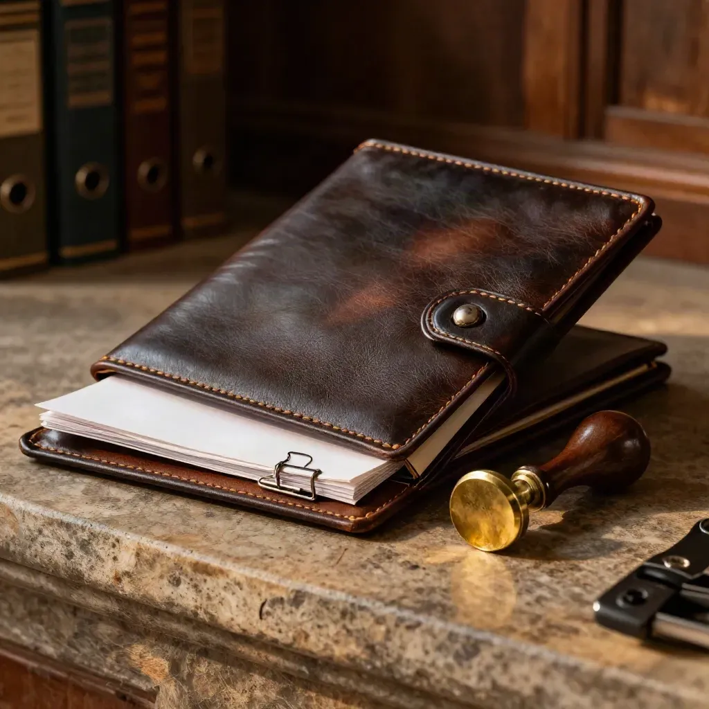 Leather docket folder with brass seal, ebony opener and paper clip on a stone ledge.