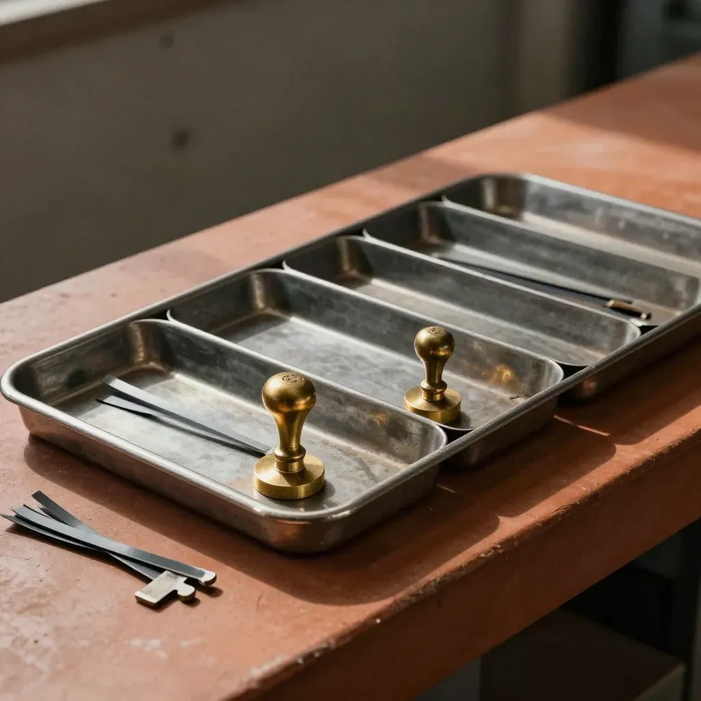 Macro still life of interlocking file trays, brass stamps, and cable ties on terracotta clay.