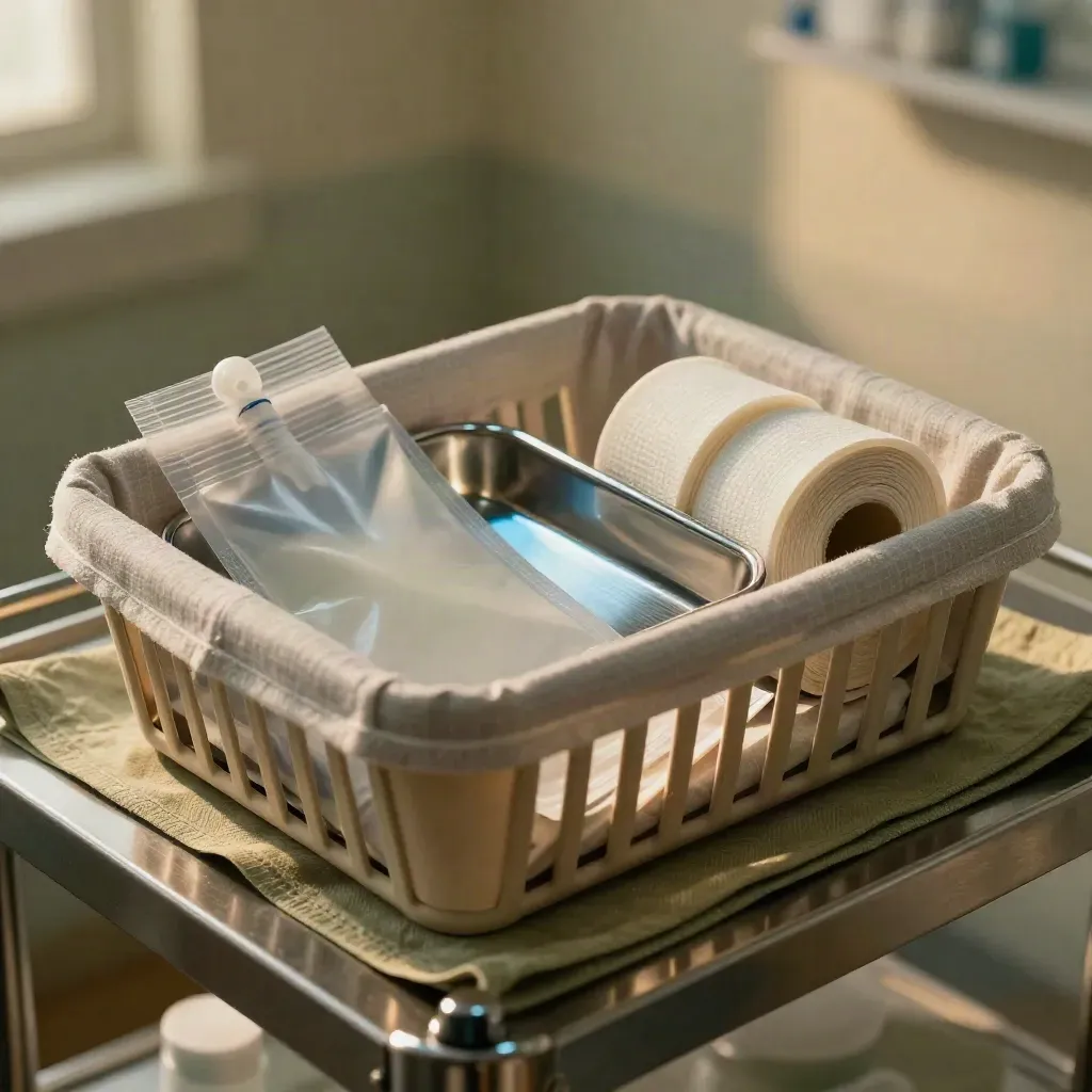 Macro clinic intake basket with wristband roll, sample pouch, and stainless tray on brushed steel.