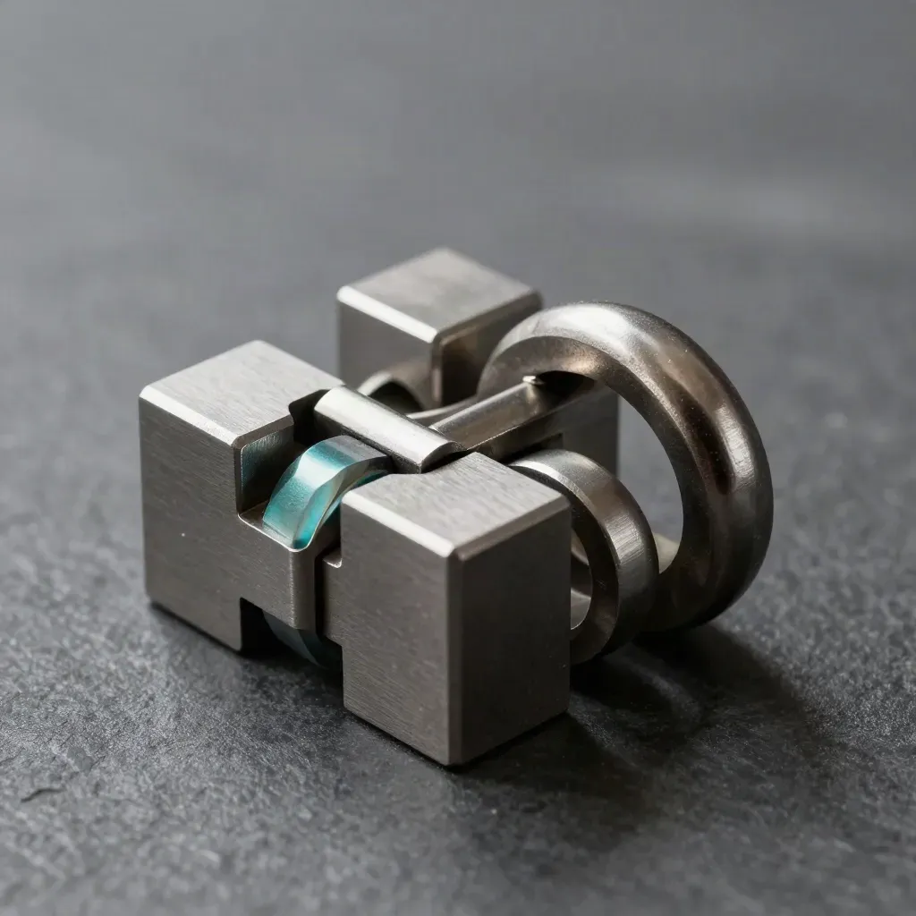 Steel connector rings, bar, and modular block on dark stone with a teal accent.