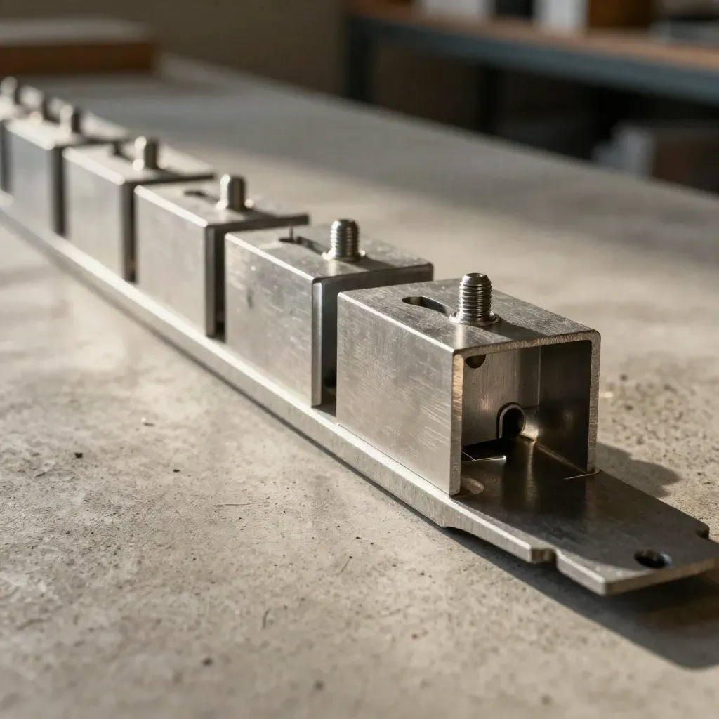 Aluminum blocks, pins, and a bridge plate arranged diagonally on concrete in a premium macro still life.
