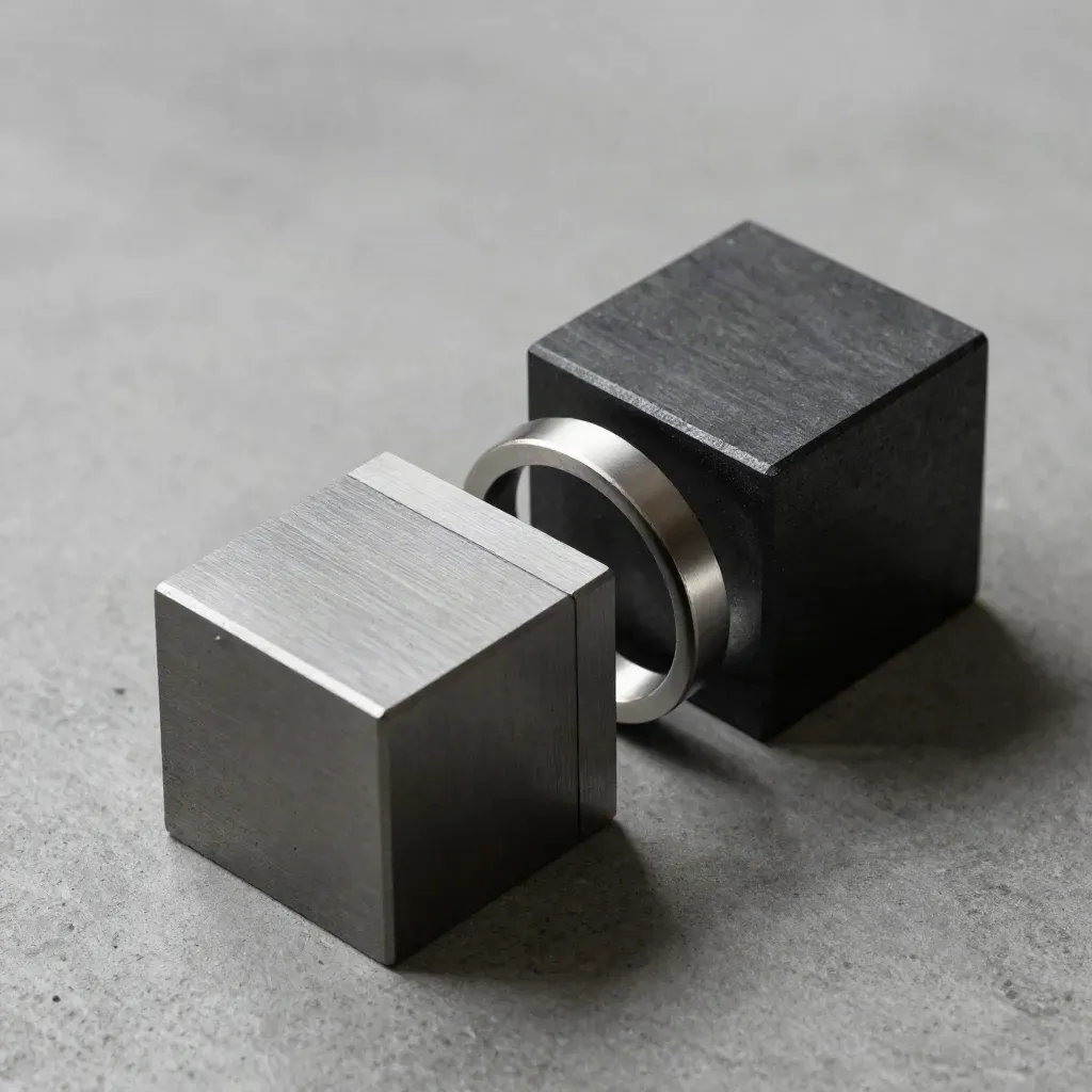 Graphite cubes, a joiner plate and spacer ring on concrete, lit by raking light.