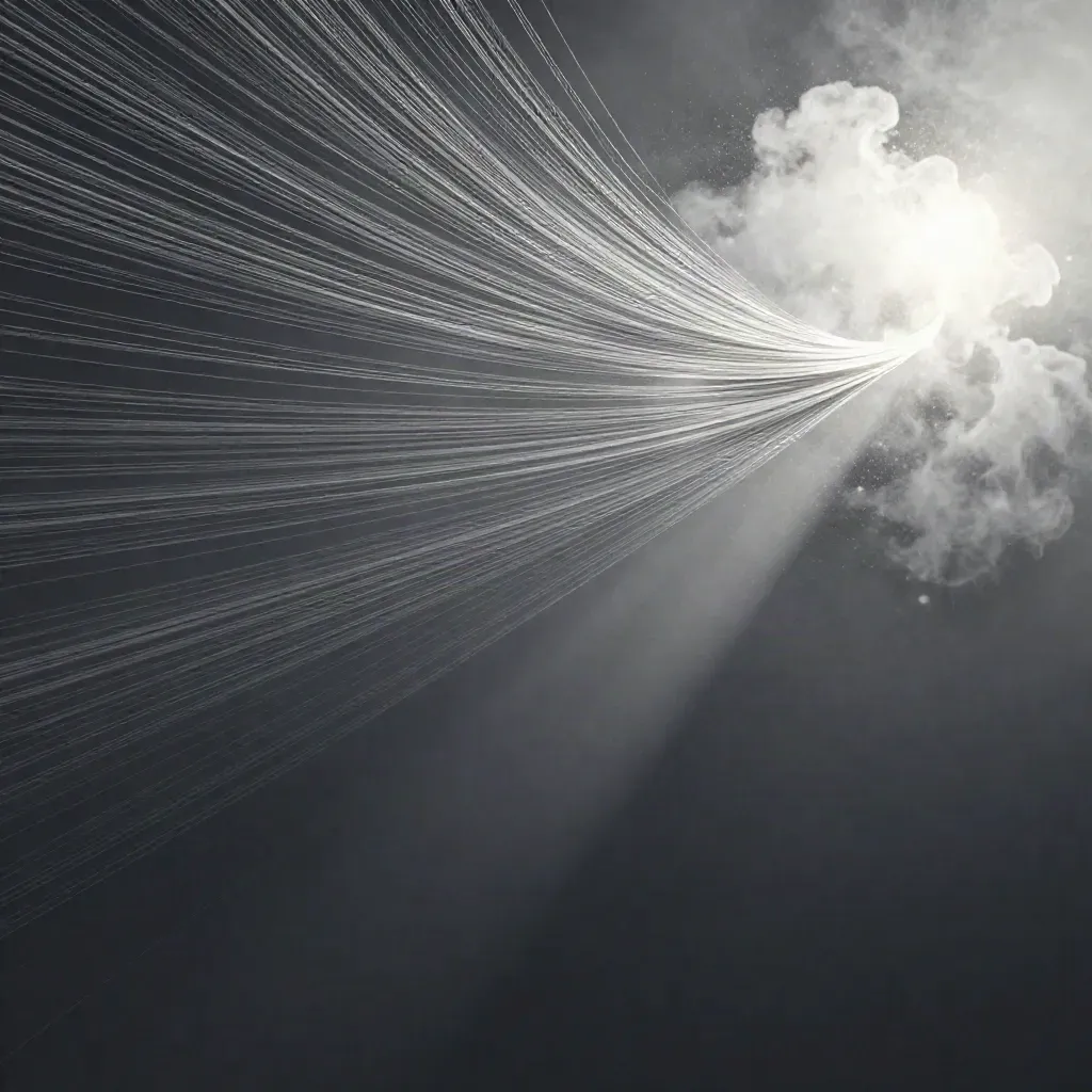 Silver filaments converge into a white bloom in dark graphite haze, with calm empty space below