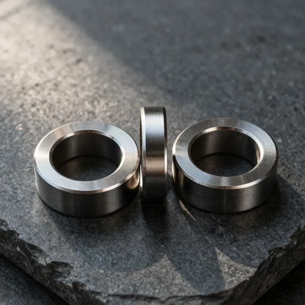 Top-down still life of two metal couplers linked by a bridge ring on dark stone.
