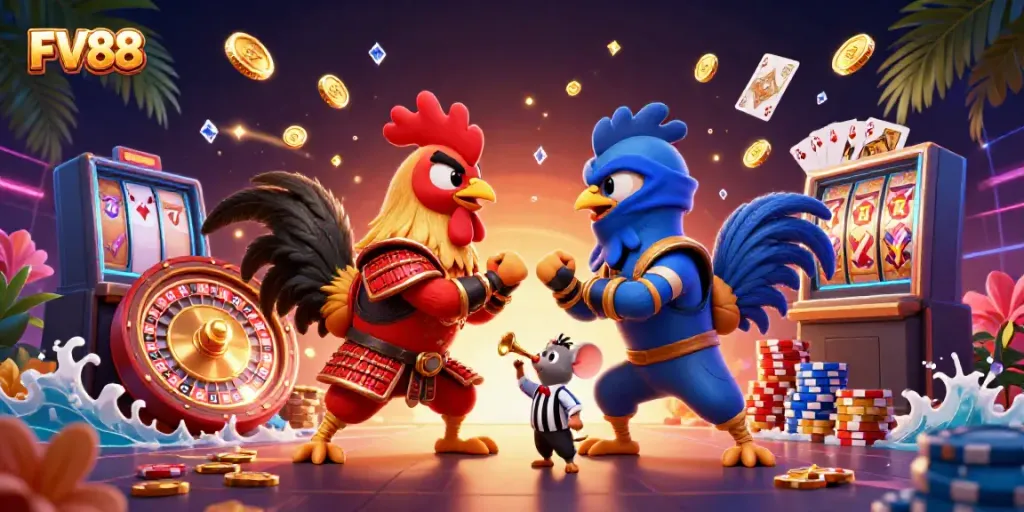 FV88 online casino features dynamic cartoon roosters amidst flying coins and game elements