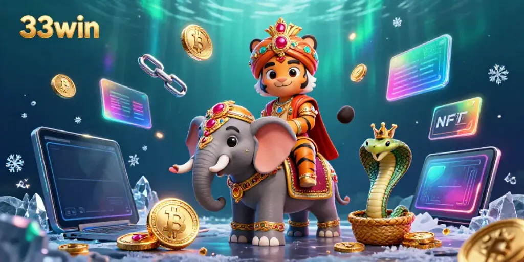 Experience the thrilling 33win world with a vibrant digital casino scene featuring unique characters and crypto elements.