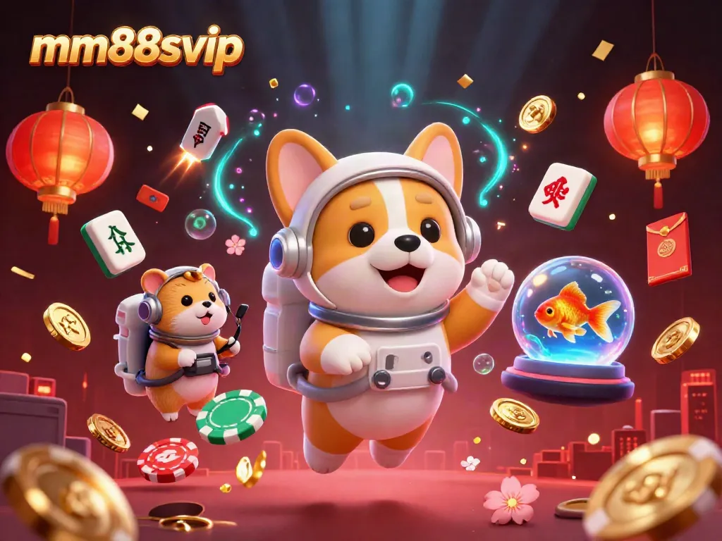 Experience thrilling gameplay at mm88svip with a dynamic 3D cartoon illustration showcasing an astronaut corgi in a casino.