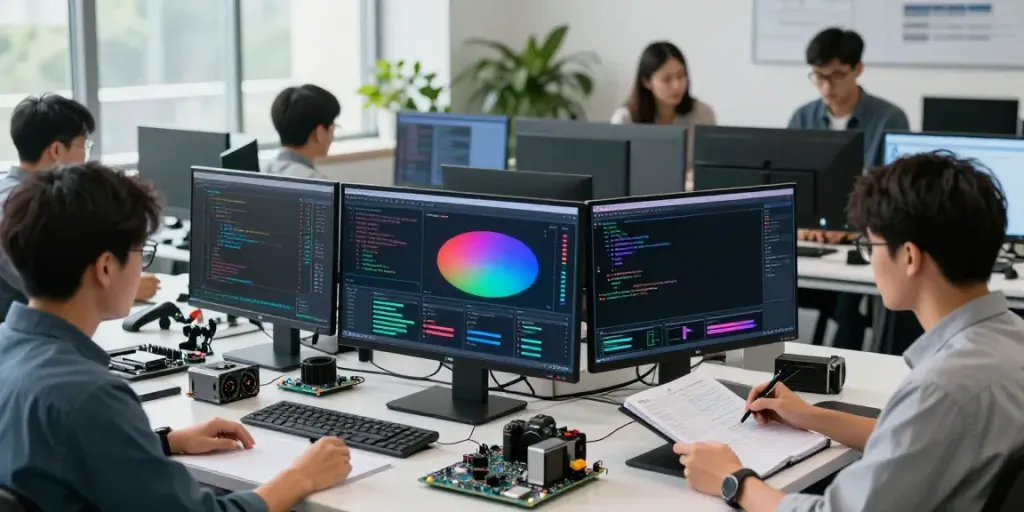 Team collaborating on Enterprise AI development in a modern research office.