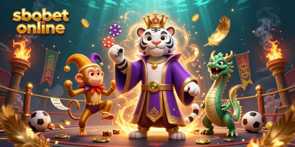 Experience sbobet online with a vibrant scene featuring a white tiger, juggling monkey, and jade dragon in action.