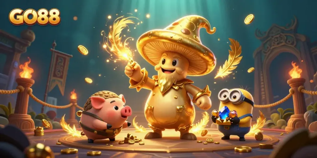 Experience the magic of GO88 with a vibrant 3D illustration featuring a golden wizard and treasure-filled adventure.