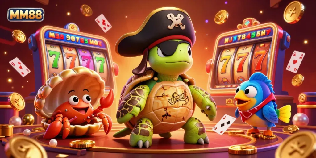 Experience the excitement of MM88 with vibrant casino characters and slot reels in a colorful 3D illustration.
