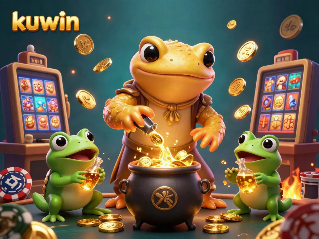 Experience the enchanting world of kuwin with gold coins and casino dynamics swirling in a vibrant 3D illustration.