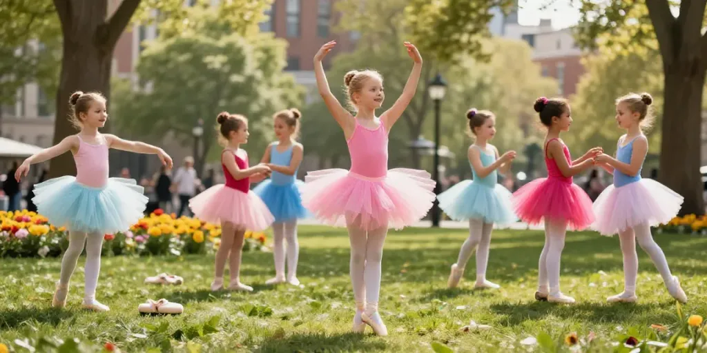 Tutu-store.com showcases joyful young girls dancing in colorful tutus in an urban park.