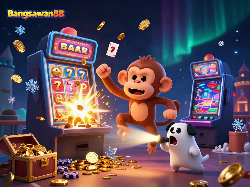 Join the excitement at Bangsawan88 with a dynamic casino scene featuring golden treasures and playful characters.