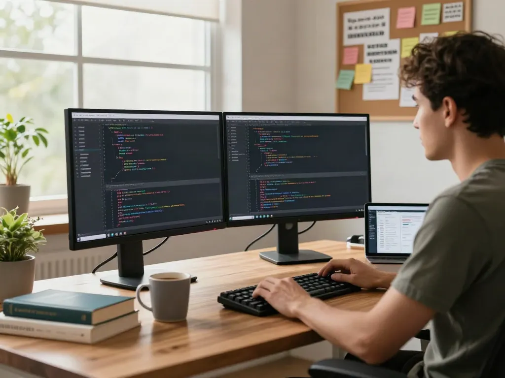 Developer at modern desk coding, showcasing v2rayN官网 tools and environment.