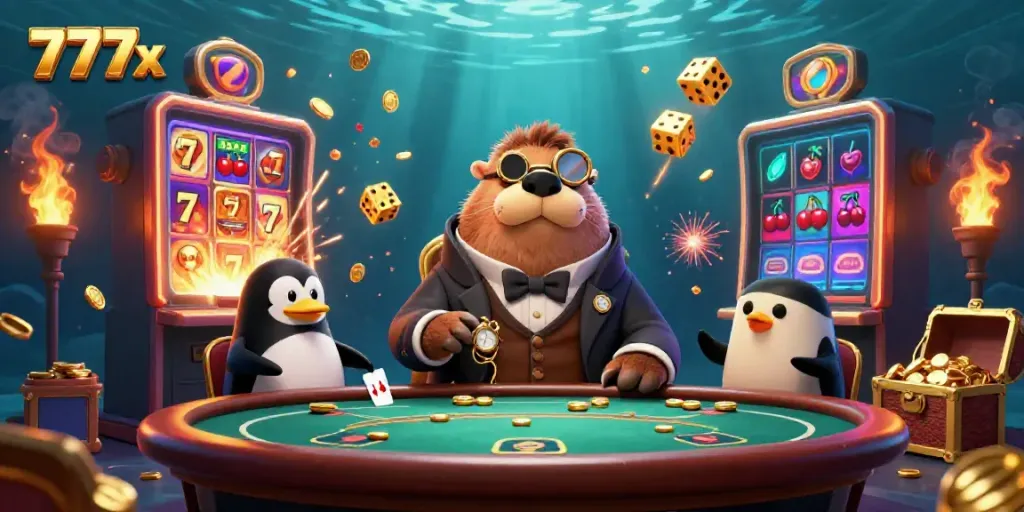 Experience thrilling gameplay at 777x with vibrant casino action featuring a cartoon walrus and friends.