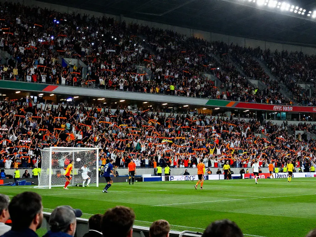 TOP10ตำนานนักเตะ showcased in a vibrant football stadium with excited fans and action on the pitch.
