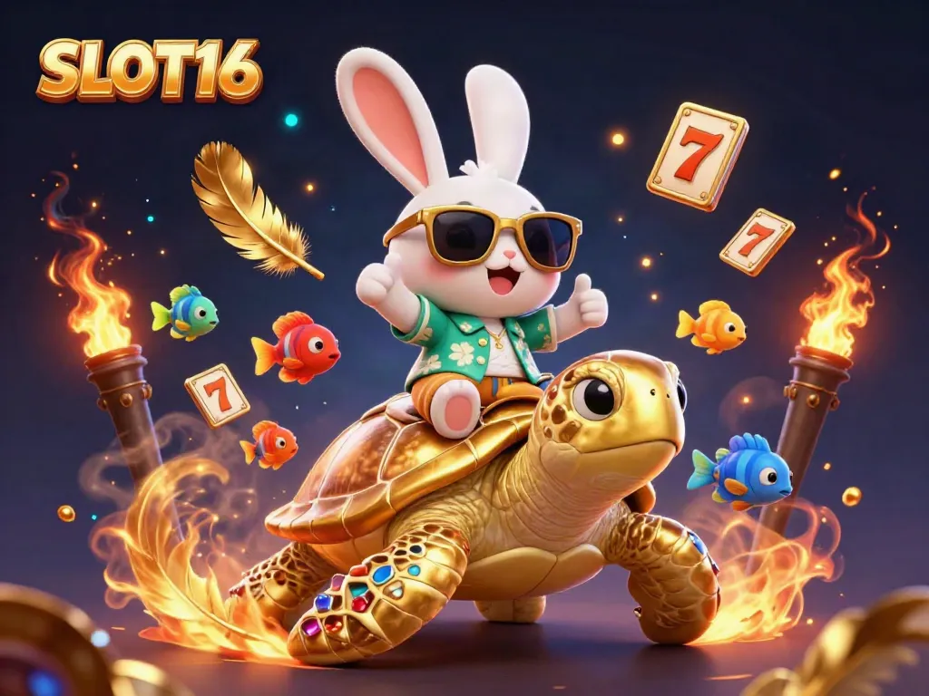 SLOT16 illustration featuring a lucky rabbit and golden turtle amidst vibrant casino elements.
