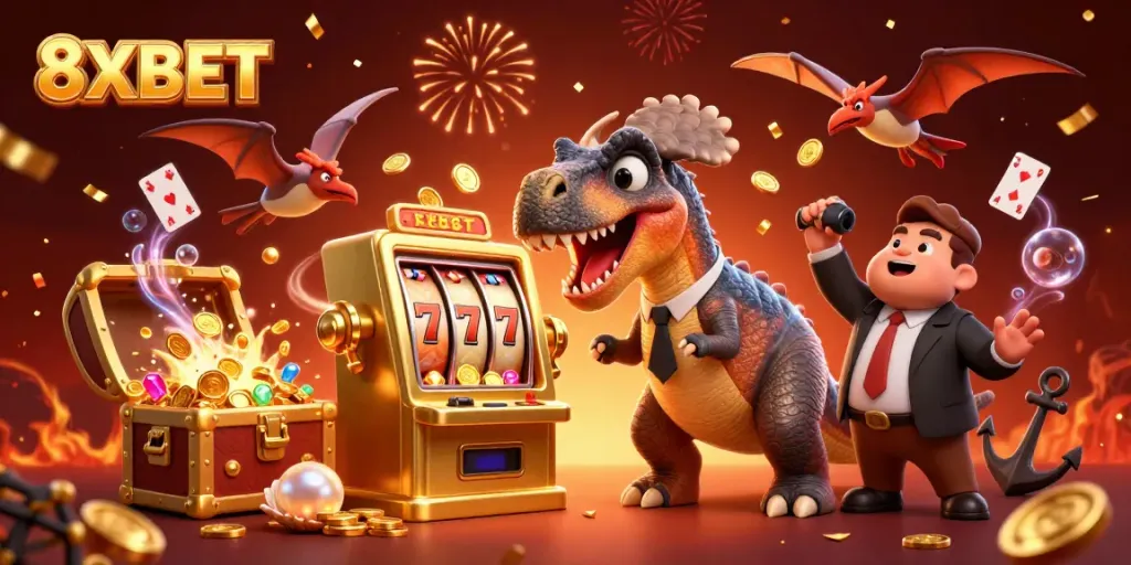 Experience the thrill of 8XBET with cartoon dinosaurs at a vibrant casino scene.