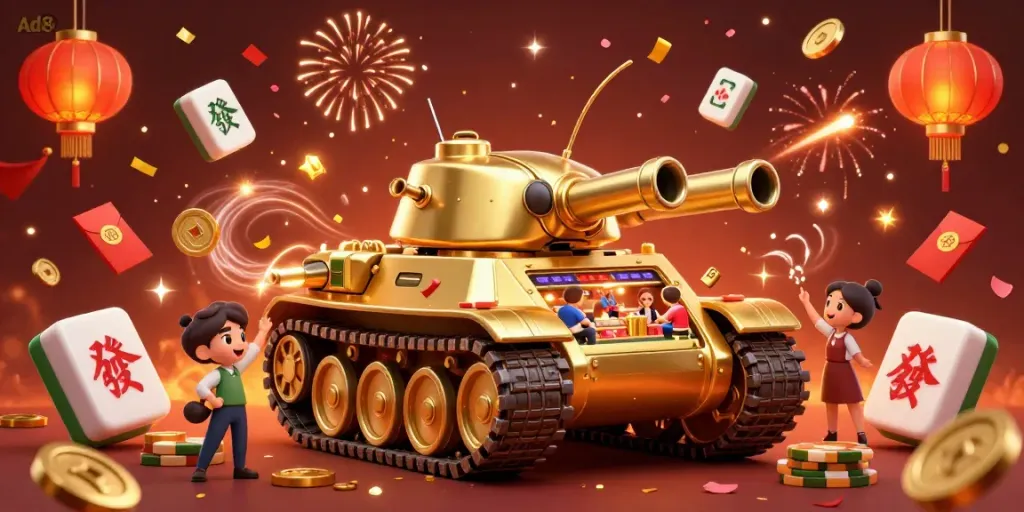 Experience casino thrills with Ad88 in a vibrant 3D illustration showcasing a golden beetle tank revealing a miniature casino.
