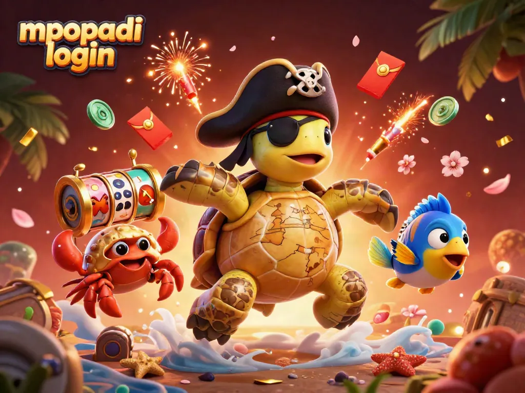 Engage with the mpopadi login scene, where vibrant slot game elements spin around a pirate turtle and friends.