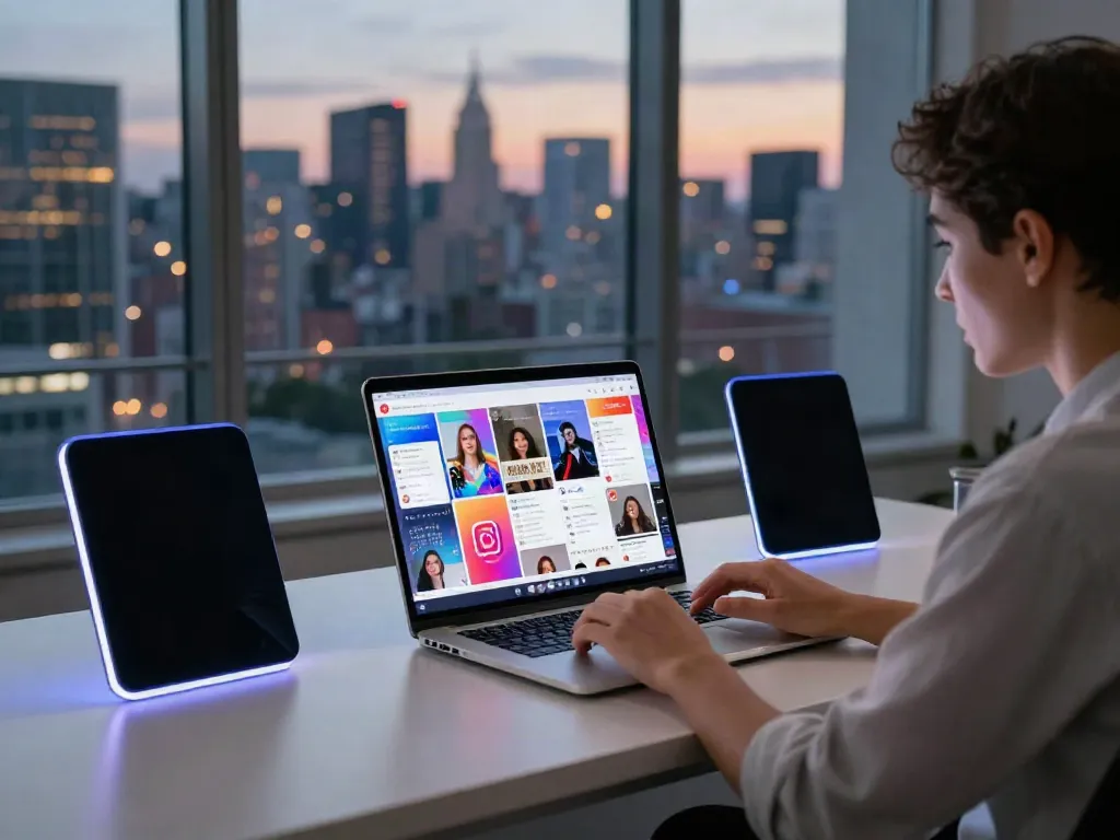 Person using insanony tool to view Instagram stories anonymously at a stylish digital workspace.