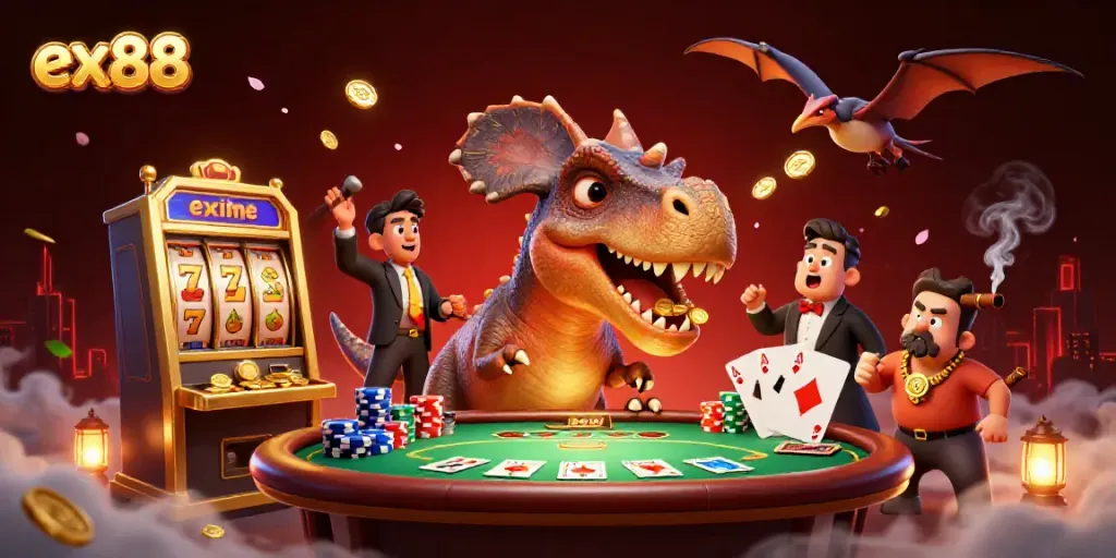 ex88 casino illustration with a dinosaur winning on a golden slot machine amidst flying coins