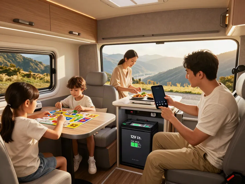 A family enjoying a road trip in an RV powered by a 12V battery, with bright sunlight streaming through the windows creating a warm atmosphere.