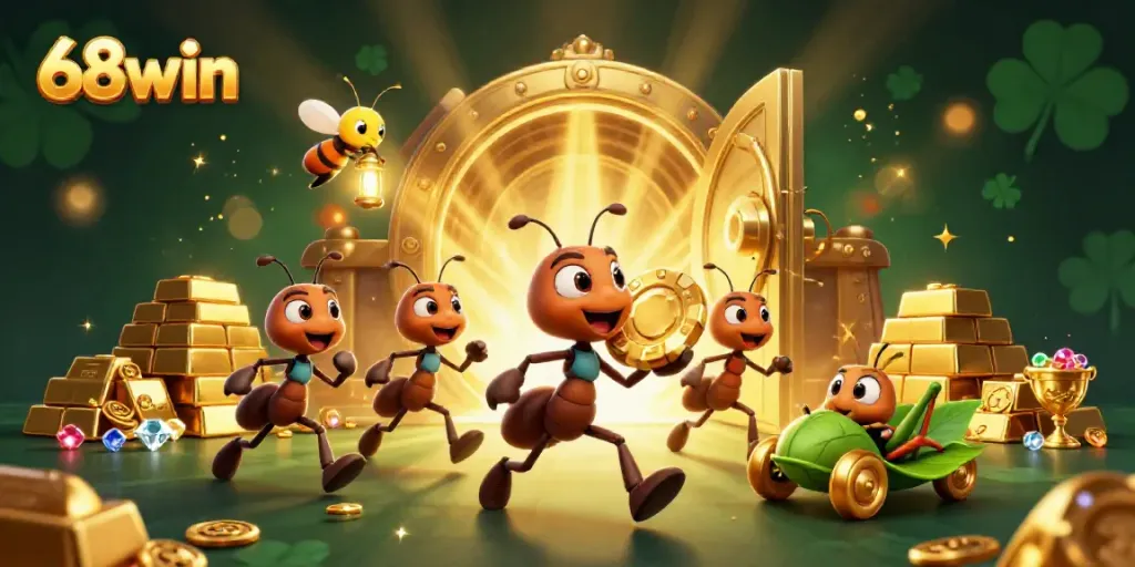 Experience the excitement of 68win with animated ants heisting a giant poker chip amidst treasures.