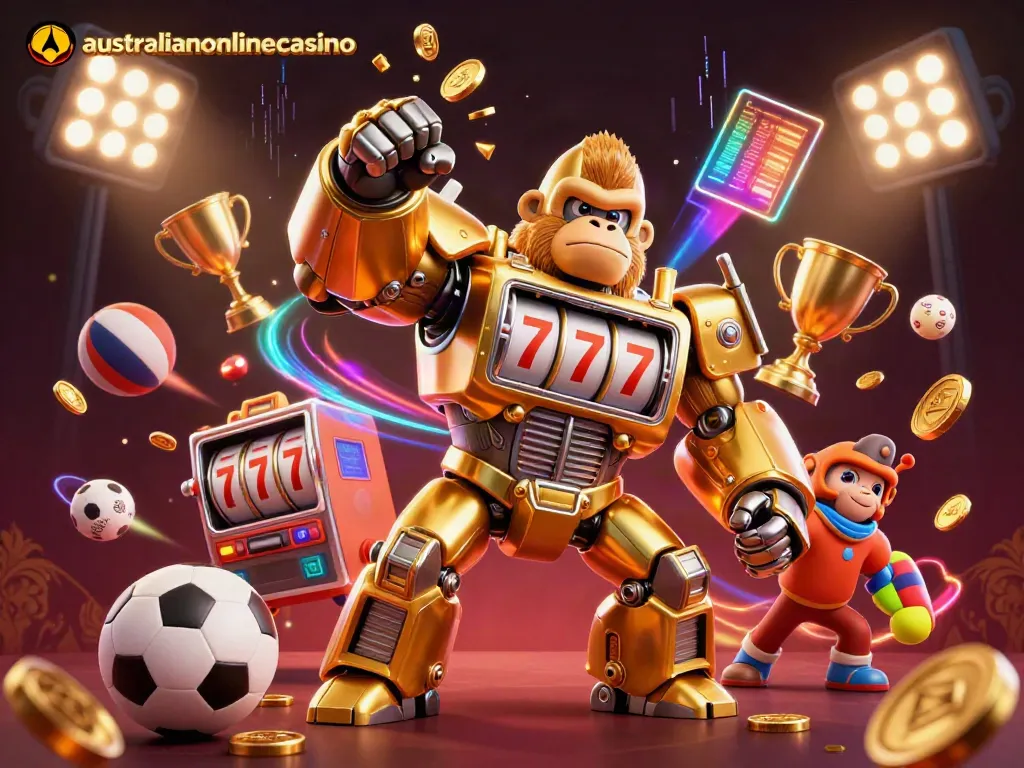 Experience thrilling gaming action with the australianonlinecasino gorilla mech playing for big wins amidst flying sports balls.